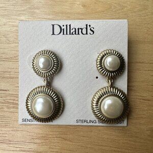 Dillards Sensitive Skin 925 Sterling Post Earrings Dangle 1.5" Faux Pearl New‎